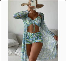 Load image into Gallery viewer, Mesh Cover-Up Three-Piece Swimwear Set – Bikini with Leg-Length Briefs