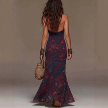 Load image into Gallery viewer, Women's Floral Print Halter Neck Deep V Lace Trim Mermaid Maxi Dress