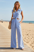 Load image into Gallery viewer, Women's Striped Button-Front Sleeveless Shirt & Wide-Leg Pants Set