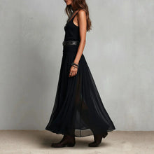 Load image into Gallery viewer, Black Mesh Strap Maxi Dress – V-Neck Pleated Long Dress