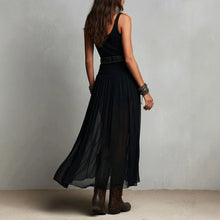 Load image into Gallery viewer, Black Mesh Strap Maxi Dress – V-Neck Pleated Long Dress