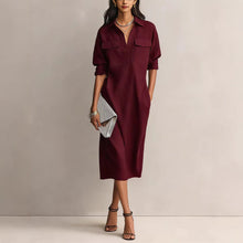 Load image into Gallery viewer, Women's Solid Color Pleated A-Line Midi Dress | Elegant Office Casual Shirt Collar Dress