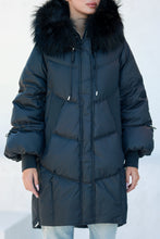Load image into Gallery viewer, Celeste Genuine Fur Trim Down Fill Coat in Black