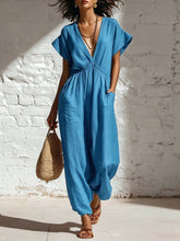 Load image into Gallery viewer, Women's Deep V-Neck Three-Quarter Sleeve High Waist Wide Leg Pants