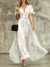 Load image into Gallery viewer, Women's Deep V-Neck Ruffle Sleeve Printed Maxi Dress – High Waist