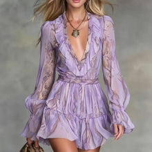 Load image into Gallery viewer, Women's Snake Print Puff Sleeve Mini Dress | Boho V-Neck Ruffle Hem Dress in 2 Colors