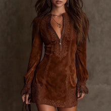 Load image into Gallery viewer, Women's Lace Trim Zip-Front Long Sleeve Mini Dress – Fitted Bodycon Boho Retro