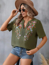 Load image into Gallery viewer, Women's Floral Embroidered Notched V-Neck T-Shirt – Short Sleeve Boho Lace Trim Top