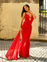 Load image into Gallery viewer, Ulanda Red Chiffon Lace Backless Maxi Train Dress