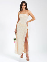 Load image into Gallery viewer, Xatia Off White Jacquard Textured High Slit Maxi Dress