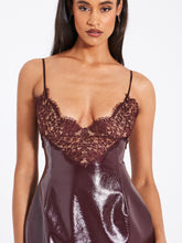 Load image into Gallery viewer, Shelby Dark Brown Vegan Leather with Lace Mini Dress