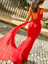 Load image into Gallery viewer, Ulanda Red Chiffon Lace Backless Maxi Train Dress