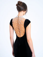 Load image into Gallery viewer, Rachael Black Velvet Pearl Embellished Gown