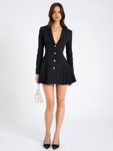 Load image into Gallery viewer, Ria Black Blazer Mini Dress with Crystal Button and Pleated Detail