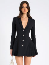 Load image into Gallery viewer, Ria Black Blazer Mini Dress with Crystal Button and Pleated Detail