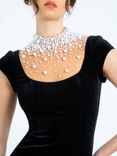 Load image into Gallery viewer, Rachael Black Velvet Pearl Embellished Gown