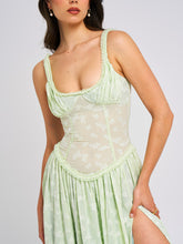 Load image into Gallery viewer, Ulissa Light Green Square Neck Jacquard Textured High Slit Maxi Dress