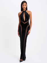 Load image into Gallery viewer, Paityn Black Velvet Mesh Cutout Halter Gown