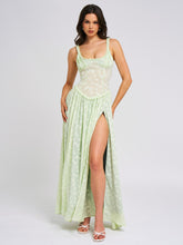Load image into Gallery viewer, Ulissa Light Green Square Neck Jacquard Textured High Slit Maxi Dress