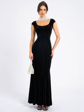 Load image into Gallery viewer, Rachael Black Velvet Pearl Embellished Gown