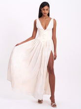 Load image into Gallery viewer, Sabrina Butter Yellow High Slit Jacquard Maxi Dress