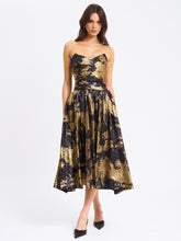 Load image into Gallery viewer, Saanvi Gold Tie Dye Bronzing Strapless Drop Waist Midi Dress
