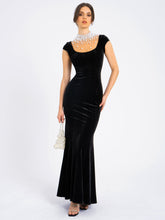 Load image into Gallery viewer, Rachael Black Velvet Pearl Embellished Gown