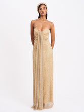 Load image into Gallery viewer, Ada Gold Rhinestone Embellished Strapless Gown with Head Scarf