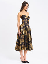 Load image into Gallery viewer, Saanvi Gold Tie Dye Bronzing Strapless Drop Waist Midi Dress