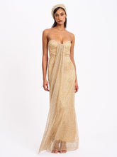 Load image into Gallery viewer, Ada Gold Rhinestone Embellished Strapless Gown with Head Scarf