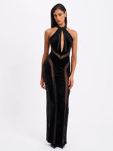Load image into Gallery viewer, Paityn Black Velvet Mesh Cutout Halter Gown