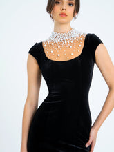 Load image into Gallery viewer, Rachael Black Velvet Pearl Embellished Gown