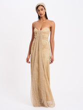 Load image into Gallery viewer, Ada Gold Rhinestone Embellished Strapless Gown with Head Scarf