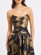 Load image into Gallery viewer, Saanvi Gold Tie Dye Bronzing Strapless Drop Waist Midi Dress