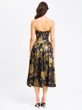 Load image into Gallery viewer, Saanvi Gold Tie Dye Bronzing Strapless Drop Waist Midi Dress