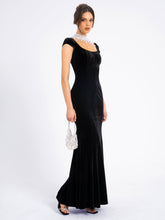 Load image into Gallery viewer, Rachael Black Velvet Pearl Embellished Gown