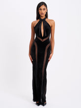Load image into Gallery viewer, Paityn Black Velvet Mesh Cutout Halter Gown