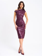Load image into Gallery viewer, Sabina Purple Leather Slash Neck Midi Dress