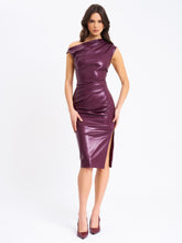 Load image into Gallery viewer, Sabina Purple Leather Slash Neck Midi Dress