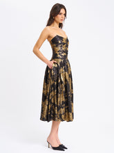 Load image into Gallery viewer, Saanvi Gold Tie Dye Bronzing Strapless Drop Waist Midi Dress