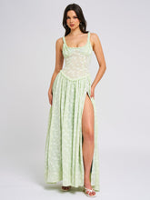 Load image into Gallery viewer, Ulissa Light Green Square Neck Jacquard Textured High Slit Maxi Dress