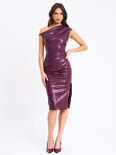 Load image into Gallery viewer, Sabina Purple Leather Slash Neck Midi Dress