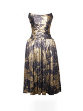 Load image into Gallery viewer, Saanvi Gold Tie Dye Bronzing Strapless Drop Waist Midi Dress