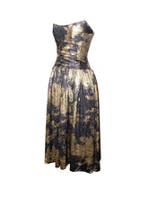 Load image into Gallery viewer, Saanvi Gold Tie Dye Bronzing Strapless Drop Waist Midi Dress