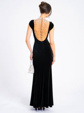 Load image into Gallery viewer, Rachael Black Velvet Pearl Embellished Gown
