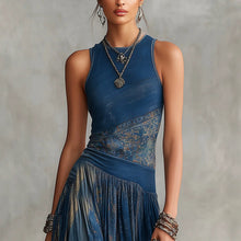 Load image into Gallery viewer, Women's Navy Blue Artistic Print Sleeveless Fitted Bodice Swing Maxi Dress