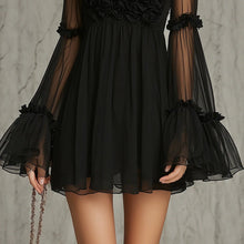 Load image into Gallery viewer, Women's Floral Embroidered Sheer Lace Dress — High Neck Flared Sleeve