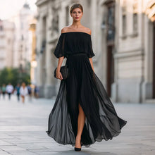 Load image into Gallery viewer, Women's One-Shoulder Ruffle Sleeve Chiffon Maxi Dress | Side Split High Waist Dress in 3 Colors