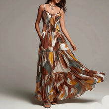 Load image into Gallery viewer, Brown Spaghetti Strap Pleated Waist Maxi Dress with Pockets