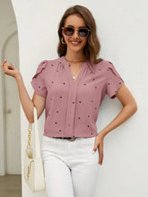 Load image into Gallery viewer, Women's V-Neck Heart Print Blouse – Petal Sleeve Pleated Front Elegant Top